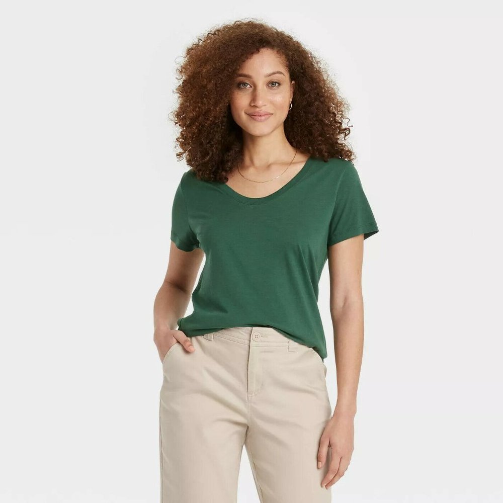 Women's Short Sleeve V-Neck T-Shirt Shirt  - A New Day™ Size Medium (Green)